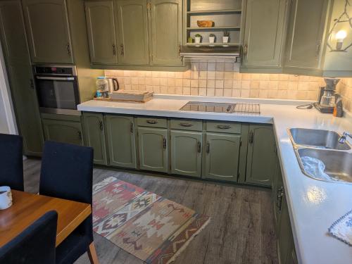 a kitchen with green cabinets and a sink and a table at Smia in Søgne