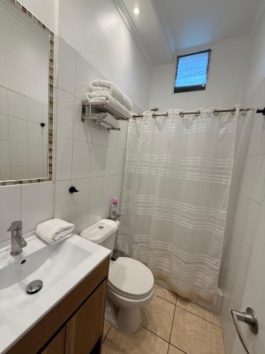 a white bathroom with a toilet and a sink at H Ocaranza in Santiago