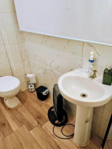 a bathroom with a sink and a toilet at Pousada in Porto Alegre