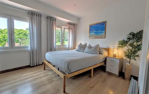 a bedroom with a large bed and two windows at Casa Carmen e do Hilario in Ponte Do Porto