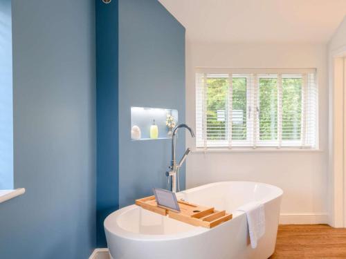 a bathroom with a white tub and a blue wall at 2 Bed in Weymouth oc-75200 in Weymouth