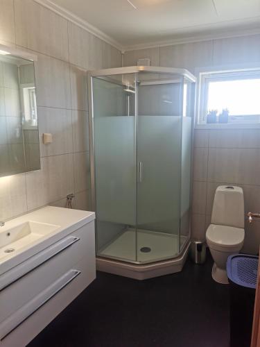 a bathroom with a glass shower and a toilet at Cabin in Kvinnherad in Ølfernes