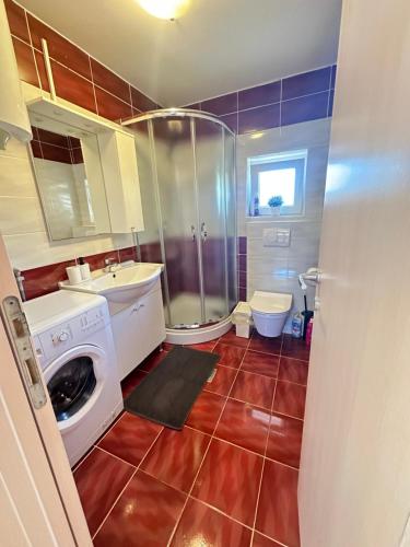 a bathroom with a sink and a washing machine at Apartment Vito in Mandre