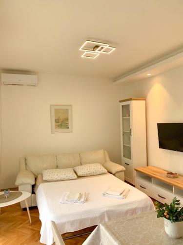 a living room with a couch and a tv at Talija Apartments in Bijela