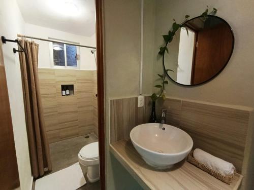 a bathroom with a sink and a toilet and a mirror at Private House with Pool, 2 Bedrooms & Parking in Valladolid