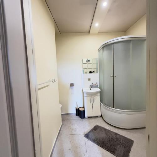 a bathroom with a glass shower and a sink at Vadim Home in Ventspils