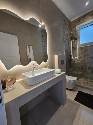 a bathroom with a large sink and a toilet at Stone House with Panoramic Views in Marmaro in Mármaron