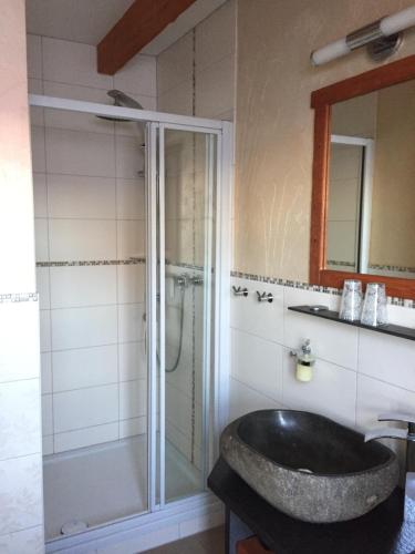 a bathroom with a glass shower and a sink at Hotel Restaurant Mühlenhof Bosse in Dachwig