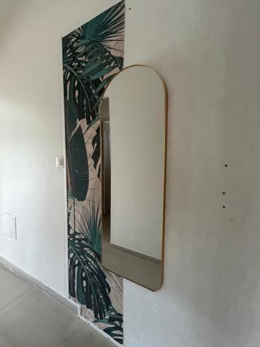a mirror hanging on a wall with a tropical wallpaper at Appartement Butterfly in Ducos