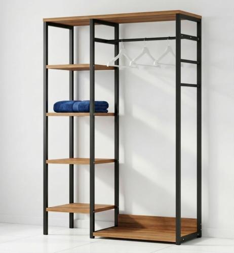 a black and wooden bookcase with wooden shelves at ความเจริญที่เงียบสงบ in Bangkok
