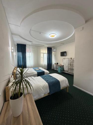 a hotel room with two beds and a potted plant at Саратан отель in Osh
