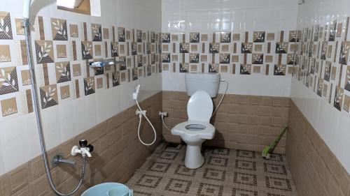 a bathroom with a toilet and a shower with pictures on the wall at Adan Paradise Riverview Homestay in Attappādi