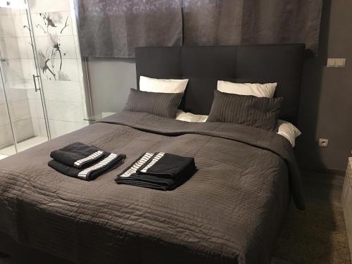 a bed with two towels and pillows on it at Rooms Banjac in Maribor