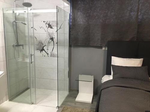 a bedroom with a glass shower stall next to a bed at Rooms Banjac in Maribor