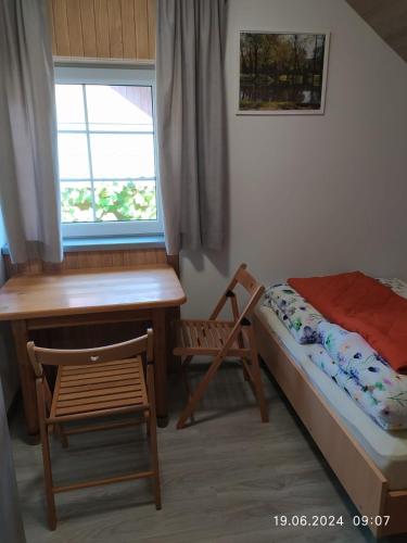 a bedroom with a desk and a bed and a chair at Siedlisko - Lipnik, cisza spokój wsród drzew in Nielisz