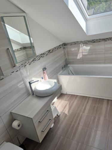 a bathroom with a sink and a bath tub at Apartma Tri Planike in Mojstrana