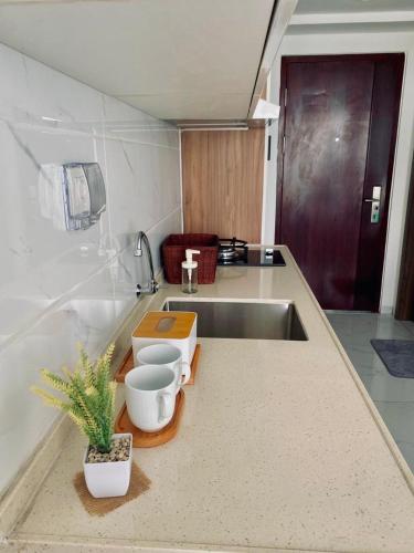 a kitchen with a sink and a plant on a counter at Sky House Hotel Style Bed IKEA 5min in Kampungklapa 2