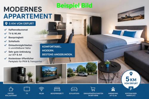 a flyer for a hotel room with a bed and a television at Modernes Appartement nur 5 km von Erfurt, stilvoll komfortabel und perfekt angebunden, Kaffeevollautomat, TV, WLAN, Schlafsofa und Einkaufsmöglichkeiten in der Nähe, hervorragende Anbindung zur A4 und A71, kostenlose öff Parkplätze für PKW und Transporter in Elxleben