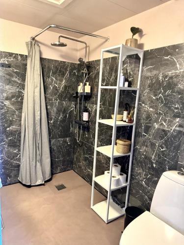 a bathroom with a shower and a shelf at Groland Bornholm B&B in Pedersker
