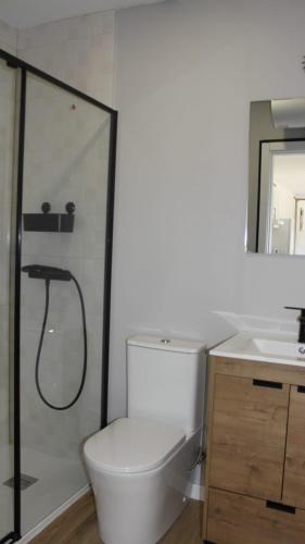 a bathroom with a shower and a toilet and a sink at Siorica AG Low Cost in Matalascañas