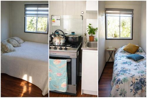 two pictures of a kitchen and a bed in a tiny house at Refugio Pradera del Sur in Llanquihue