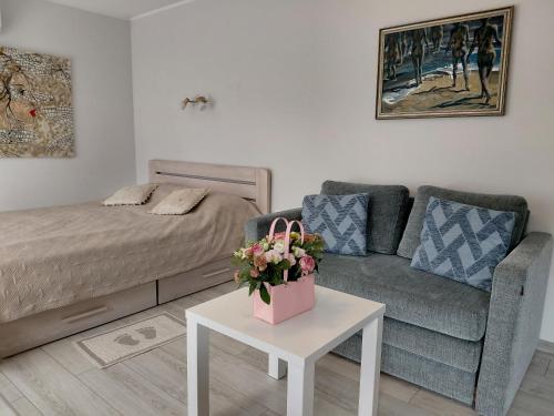 a living room with a bed and a couch and a table at Marių studija in Nida