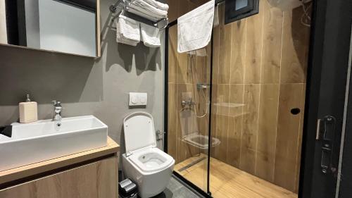 a bathroom with a toilet and a sink and a shower at Panoramic Konaklama Tesisi Bodrum in Bodrum City
