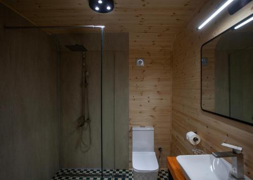 a bathroom with a toilet and a sink and a mirror at Moretoni Lake Resort in Napareuli