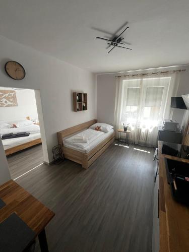 a room with two beds and a ceiling fan at Apartmán Jonas - Riegrova 41 in Děčín
