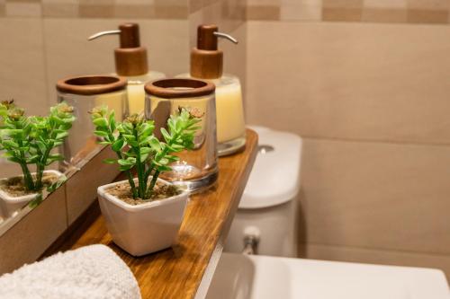 a bathroom with a counter with plants on it at Emilia's Little Farmhouses in Agii Anargiri Milos
