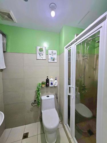 a green bathroom with a toilet and a shower at Alder Wind Staycations Tagaytay in Kaybagal