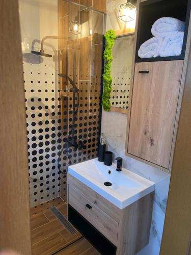a bathroom with a white sink and a shower at Viktória central apartman in Odorheiu Secuiesc