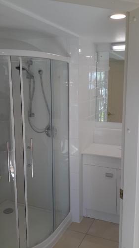 uma casa de banho branca com um chuveiro e um lavatório. em Pukeko on Bay em Tauranga