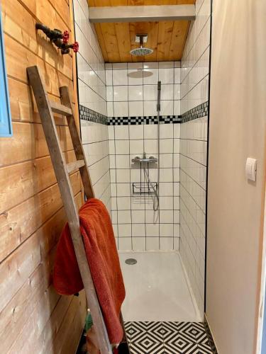 a shower with a glass door in a bathroom at Cabane romantique climatisée avec piscine en pleine nature in Montignac