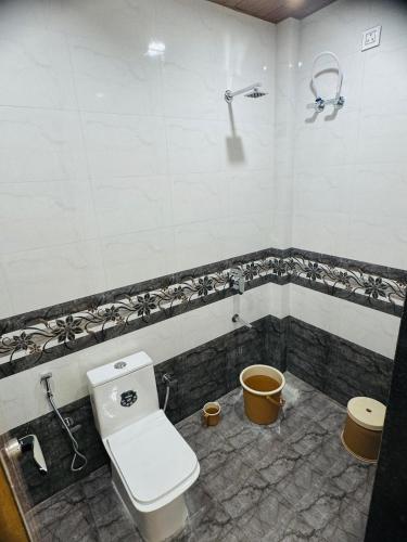a bathroom with a toilet and a shower at Rudraksh Hotel & Resturant in Lordi