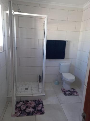 a bathroom with a shower and a toilet at Sintha guest house in Kraaifontein