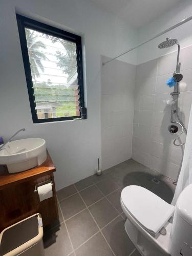 a bathroom with a toilet and a sink and a window at Helt Vanua Lodge in Saraotou