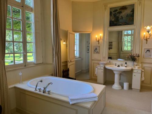 a large bathroom with a tub and a sink at Château de Puchesse in Sandillon