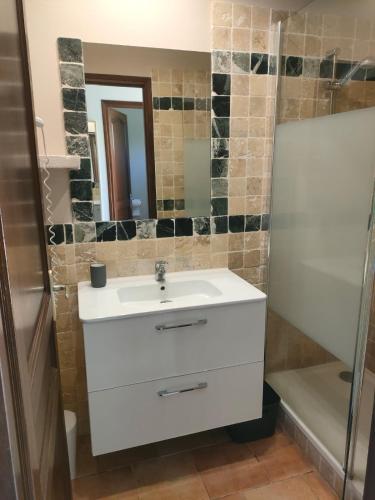 a bathroom with a white sink and a shower at Studio N 02 Stalla Sischese in Sisco