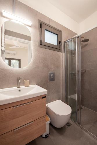 a bathroom with a sink toilet and a mirror at Villa Isabelle on the beach in Paralía Iríon