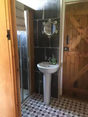 a bathroom with a sink and a shower and a mirror at Bacton Beach Cabin in Bacton