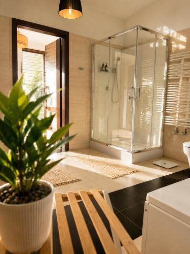 a bathroom with a shower and a potted plant at Argentum Private Residence Basen Sauna Jacuzzi in Koszelówka
