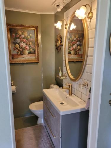 a bathroom with a sink and a mirror and a toilet at Linnåsen stuga in Rottneros