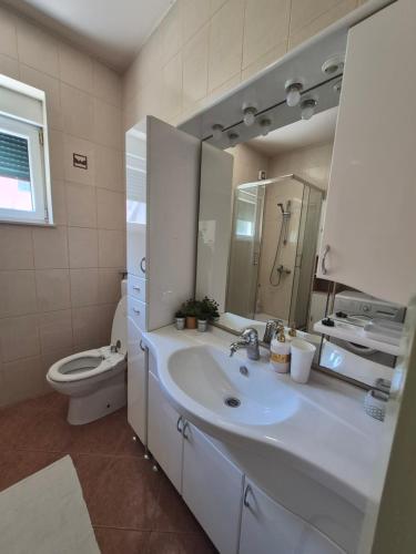 a bathroom with a sink and a toilet and a mirror at AP apartment in Mostar