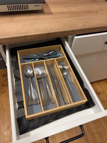 a drawer in a cabinet with utensils in it at Klein aber fein in Meiningen in Meiningen