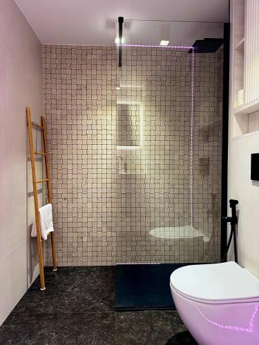 a bathroom with a shower with a toilet in it at Sea View Ani in Olimp