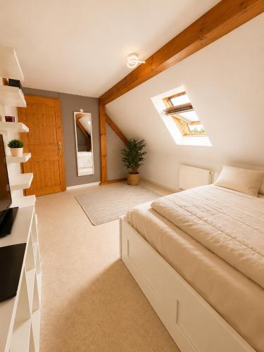 a bedroom with a bed and a skylight at 185 m duplex with pool near Strasbourg in Ittenheim
