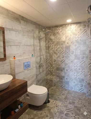 a bathroom with a shower and a toilet and a sink at Assos Plus in Ayvacık