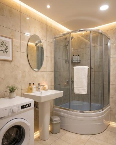 a bathroom with a shower and a sink and a washing machine at Bluebell Cottage in Tsalka