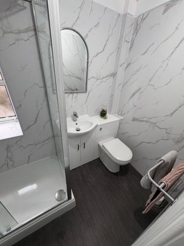 a bathroom with a sink and a toilet and a shower at Nook and Scranny in Tarbert